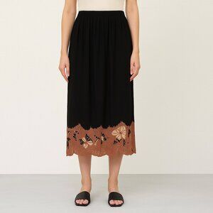 Vintage Embroidered Floral Hem Elastic Waist Skirt Black Large